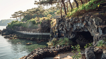 A tranquil scene of Hallim Park on Jeju Island, South Korea, in a realistic photographic style, featuring botanical gardens, lava caves, and coastal cliffs
