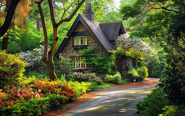 Charming cottage on a serene lane with lush greenery and colorful flowers.