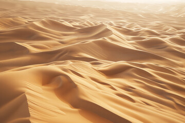 Aerial view of vast desert dunes, showcasing the flowing lines and soft curves of the sand formations. Capture the interplay of light and shadow, creating a sense of depth and texture. 