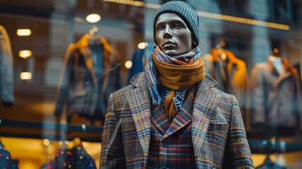 Fototapeta premium Clothes mannequin showcasing stylish autumn male outfits, set against a modern city backdrop, emphasizing urban fashion trends