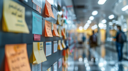 Obraz premium A close-up of an office bulletin board with employees checking notices in the background. Generative AI.