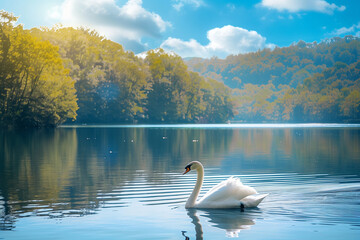 Fototapeta premium Swan Gliding Across a Peaceful Lake in the Warm Sunlight, Capturing Elegance and Serenity