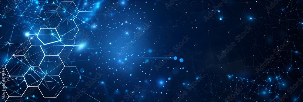 Poster abstract blue background with glowing connections and hexagons for technology, digital network conce