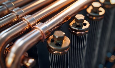 Naklejka premium Aluminum radiator with copper heat pipes close up isolated Clean copper tubing prepared , Generative AI