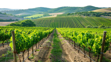 Vineyard with rows of green vines and a beautiful landscape, isolated on transparent background