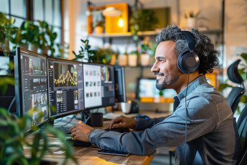 smiling Man with headphones up Participating in a Virtual Team Meeting in a Modern Office Setting