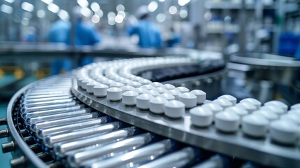 Obraz premium Close-up of a modern pharmaceutical factory production line, emphasizing the technology and accuracy in medication production