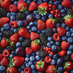 A vibrant mix of fresh berries, including strawberries, blueberries, blackberries and plums, arranged in an aesthetically pleasing pattern, shades of reds, blues and purples. 