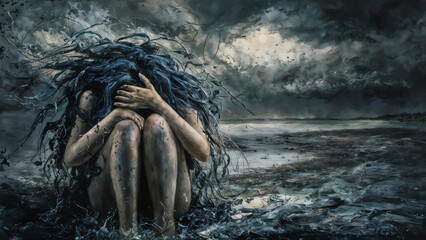 Lady sitting naked in solitude with unruly long hair and her hand holding her head, her mind is gripped by the overwhelming depths of despair and isolation around her.