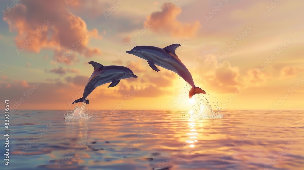 Wall mural sunset symphony: majestic dolphins soaring in the waves - Wall murals