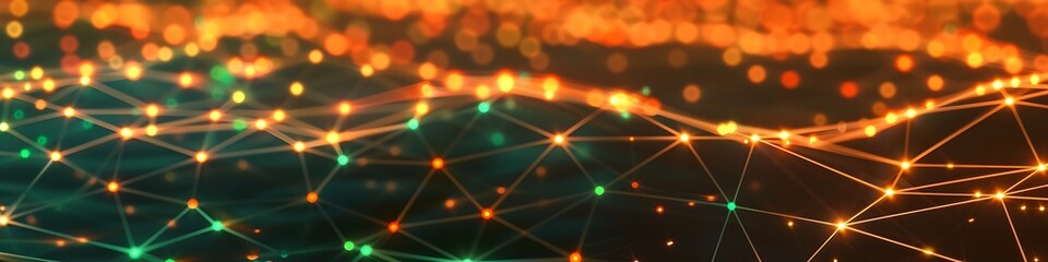 Fototapeta premium Futuristic technology background featuring orange and green dot connections forming an intricate plexus network