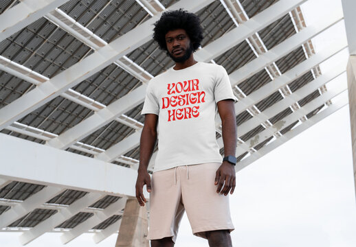 Mockup of man wearing customized t-shirt, low angle