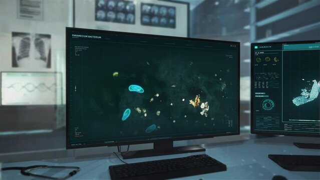 Microscopic biology is studying the paramecium bacterium. Examining the biological structure of the paramecium under the microscope. Microscopic paramecium cells are analyzed for biological research.