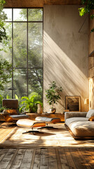 Fototapeta premium Sunlit Modern Living Room with Cozy Furniture and Greenery, Featuring Large Windows and Natural Light for a Relaxing Atmosphere