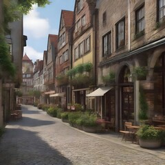 Fototapeta premium Quaint European Street: Cobblestone Paths, Vintage Buildings, and Outdoor Cafes
