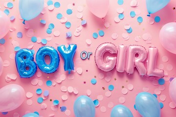 gender reveal background with boy or girl foil balloons and confetti