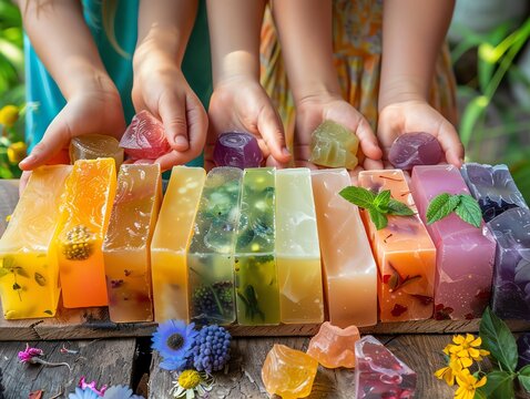 Parents and children making handmade soap, everyone's hands busy with molds and scents, creative and fun, bright and colorful