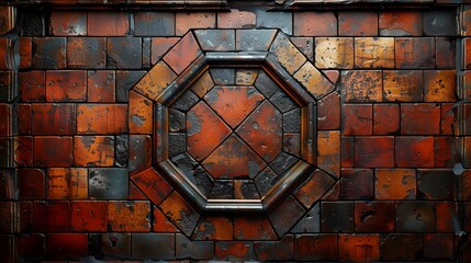 Vintage Octagonal Mirror on Distressed Red and Black Tiles Background Perfect for Interior Design Concepts