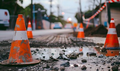 Construction Zone with Traffic Cone and Caution Tape, Generative AI