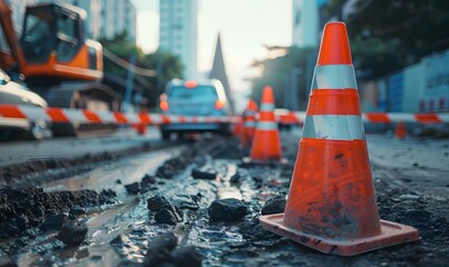 Construction Zone with Traffic Cone and Caution Tape, Generative AI