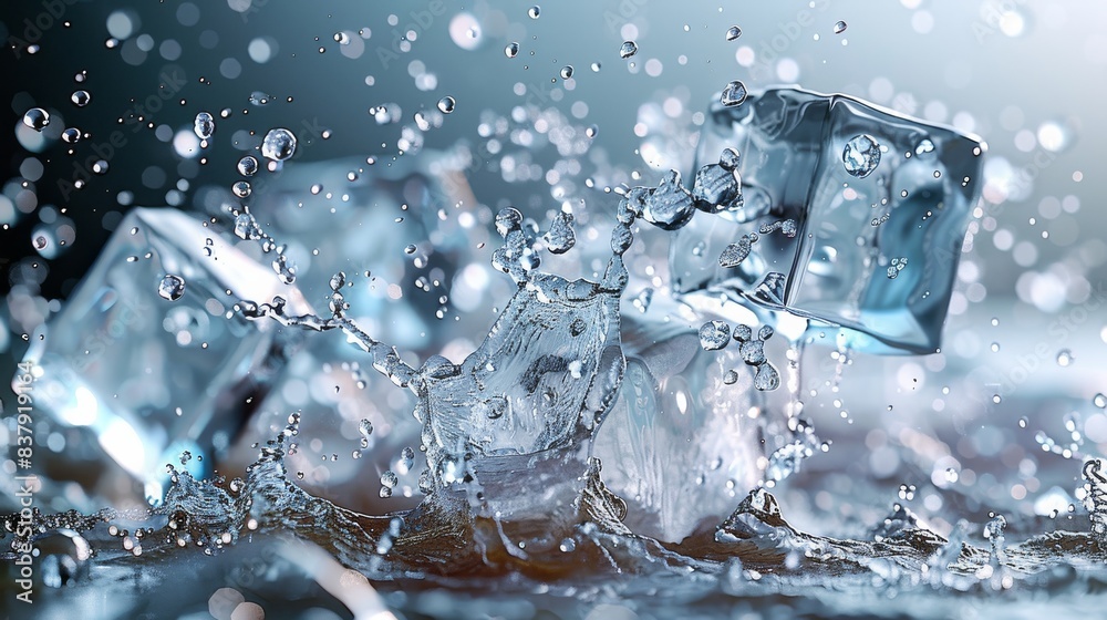 Aufkleber Dynamic flying ice cubes melting in mid-flight, surrounded by splashes and droplets of water. background that keeps the focus on the action and movement of the melting process. Generative AI.