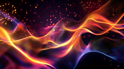 Digital abstract background with colorful glowing wave lines and dots, gradient effect flowing light waves orange purple red blue colors on a dark black backdrop for design elements