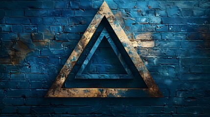 Rustic Metal Triangle Against Vibrant Blue Brick Wall Urban Industrial Design Perfect For Graphic Designers Seeking Textured Backgrounds