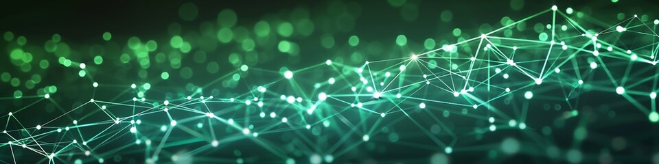 High-tech background with bright green and white dots and lines forming a complex plexus network