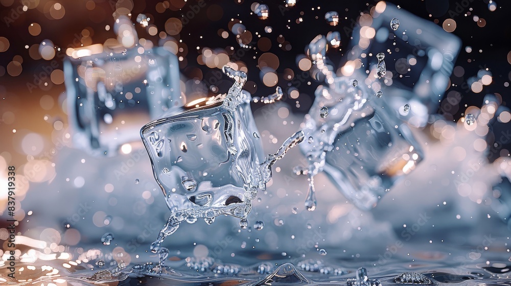 Aufkleber Dynamic flying ice cubes melting in mid-flight, surrounded by splashes and droplets of water. background that keeps the focus on the action and movement of the melting process. Generative AI.