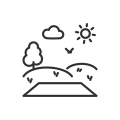 A mat on the grass in nature, linear icon. Picnic. Meditation. Line with editable stroke