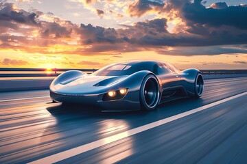 futuristic electric sports car racing on oceanside highway at sunset 3d rendering