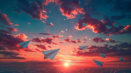 Artistic digital rendering of paper planes against a backdrop of a vivid sunset, vibrant and serene