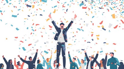 Startup Businessman Celebrating a Milestone with Arms Raised and Confetti on a Pure White Background