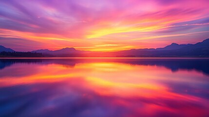 Fototapeta premium Sunset over tranquil lake with mountain silhouette, vibrant purple and pink sky.