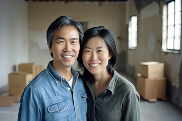 Obraz premium Happy Asian Couple in Empty Room Surrounded by Cardboard Boxes, Excited for New Home Adventure