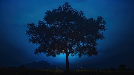 A dark night landscape with a black-looking tree standing alone in a field, surrounded by a misty atmosphere and faint starlight piercing through the fog, evoking a sense of mystery and solitude.