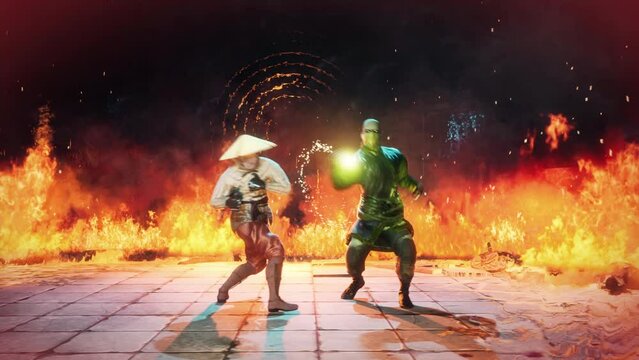 Two mystical fighters engaged in a battle to kill each other. Killer fighter battling to the death on the virtual arena. Fighter player killed by the enemy in digital video game battle. Animation