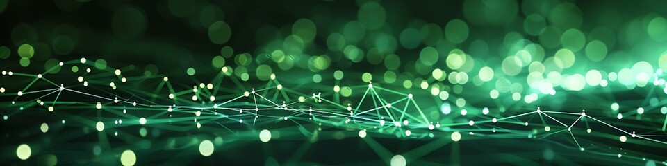 High-tech background with bright green and white dots and lines forming a complex plexus network