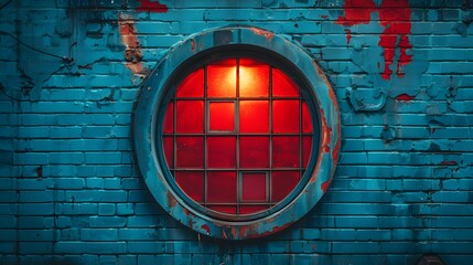Vibrant circular red window on a weathered blue brick wall, showcasing urban texture and architectural detail, perfect for design assets and backgrounds, highlighting the contrast between vibrant