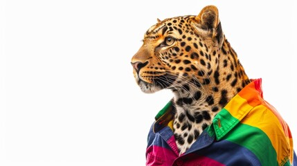 Naklejka premium leopard wearing a shirt pride color isolated on white background, animal fashion concept for designer 