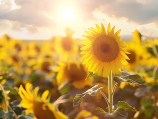 Obraz premium sunflower field in full bloom, with tall, vibrant flowers stretching towards the sun, embodying the essence of summer.