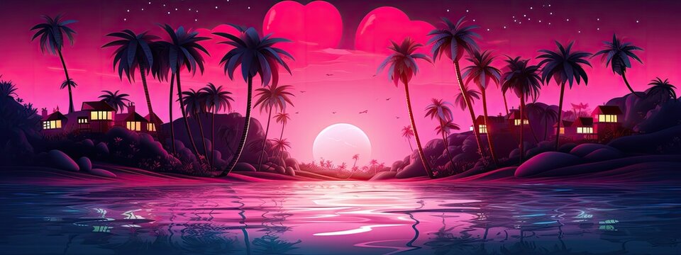 love island cartoon illustration with neon light