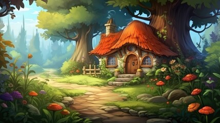 The dwarf's house in the forest cartoon illustration