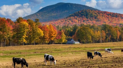 View of cows grazing in a field with a mountain in the background during the autumn, fall in Manchester, Vermont.