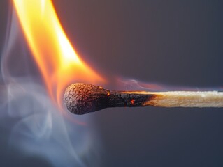 A dramatic close-up of a matchstick as it ignites, with the flame and smoke swirling around the wooden stick. 