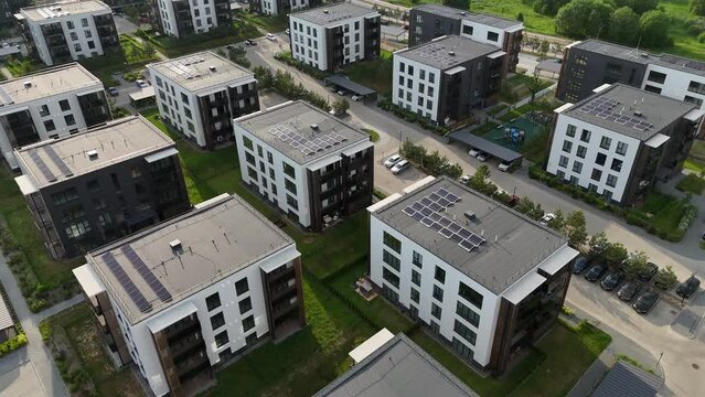 4K Aerial Drone Footage of Modern Residential Complex in Vilnius, Lithuania - Capturing Contemporary Architecture and Solar Panel Installations in a Sustainable Urban Environment