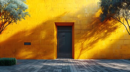 Vibrant yellow wall with shadow of tree on modern building entrance, showcasing contemporary architecture and minimalist design, perfect for urban exterior stock photo, highlighting texture