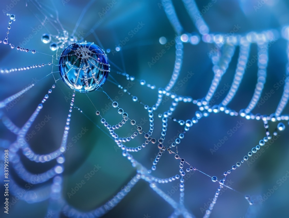 Wall mural a captivating image of a water droplet clinging to a spider web, with the web strands forming an int