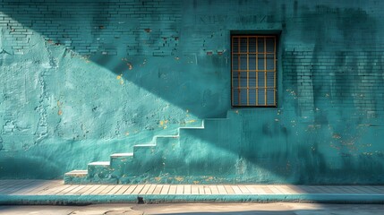 Textured turquoise wall with staircase shadow, barred window, and peeling paint creating a vintage look. Urban architecture with light and shadow play on aged building facade. Rustic and deteriorated