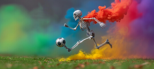 One athletic skeleton kicking soccer sports ball creepy bright bold smoke fog mist Halloween background playing football game running pose goal skull bone cloud misty haunted player copy space banner